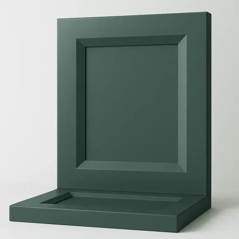 Dark green display stand with a raised back panel and flat base on a light background