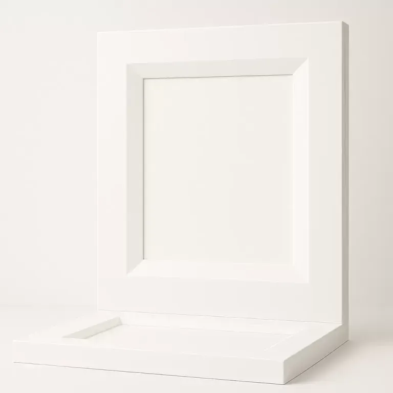 Minimalist white open shadow-box frame on a white surface with a small ledge