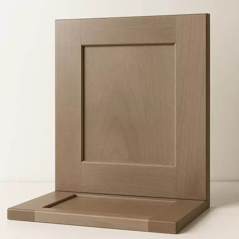 Brown wooden display stand with a raised back panel and flat base, shown on a white background