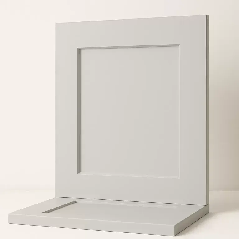 White minimalist folded display stand with a recessed rectangular panel and flat base on a light background