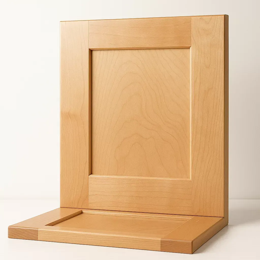 Wooden display stand with a hinged panel and flat base, shown against a white background
