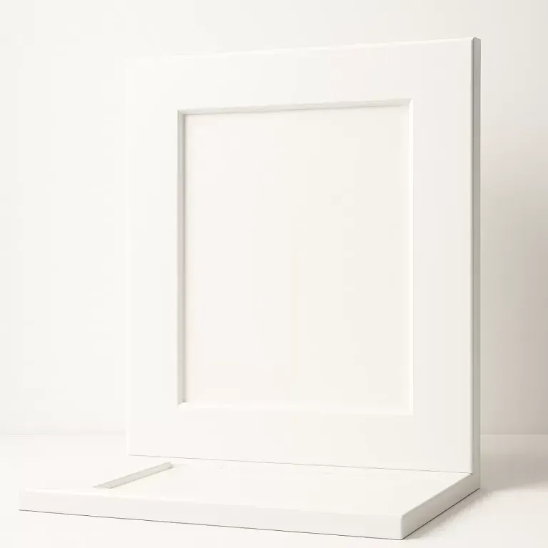 White minimalist 3D display stand with a raised back panel and flat base on a light background