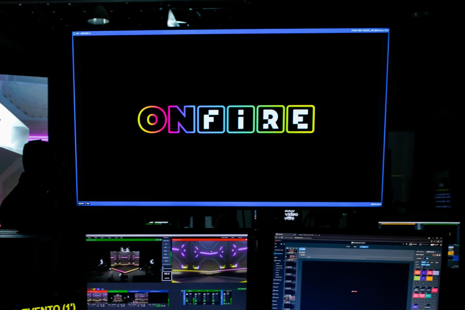A computer monitor with the word onfire on it