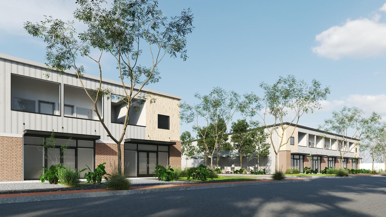 A rendering of two modern, two-story commercial or apartment buildings with brick accents, large windows, and trees.