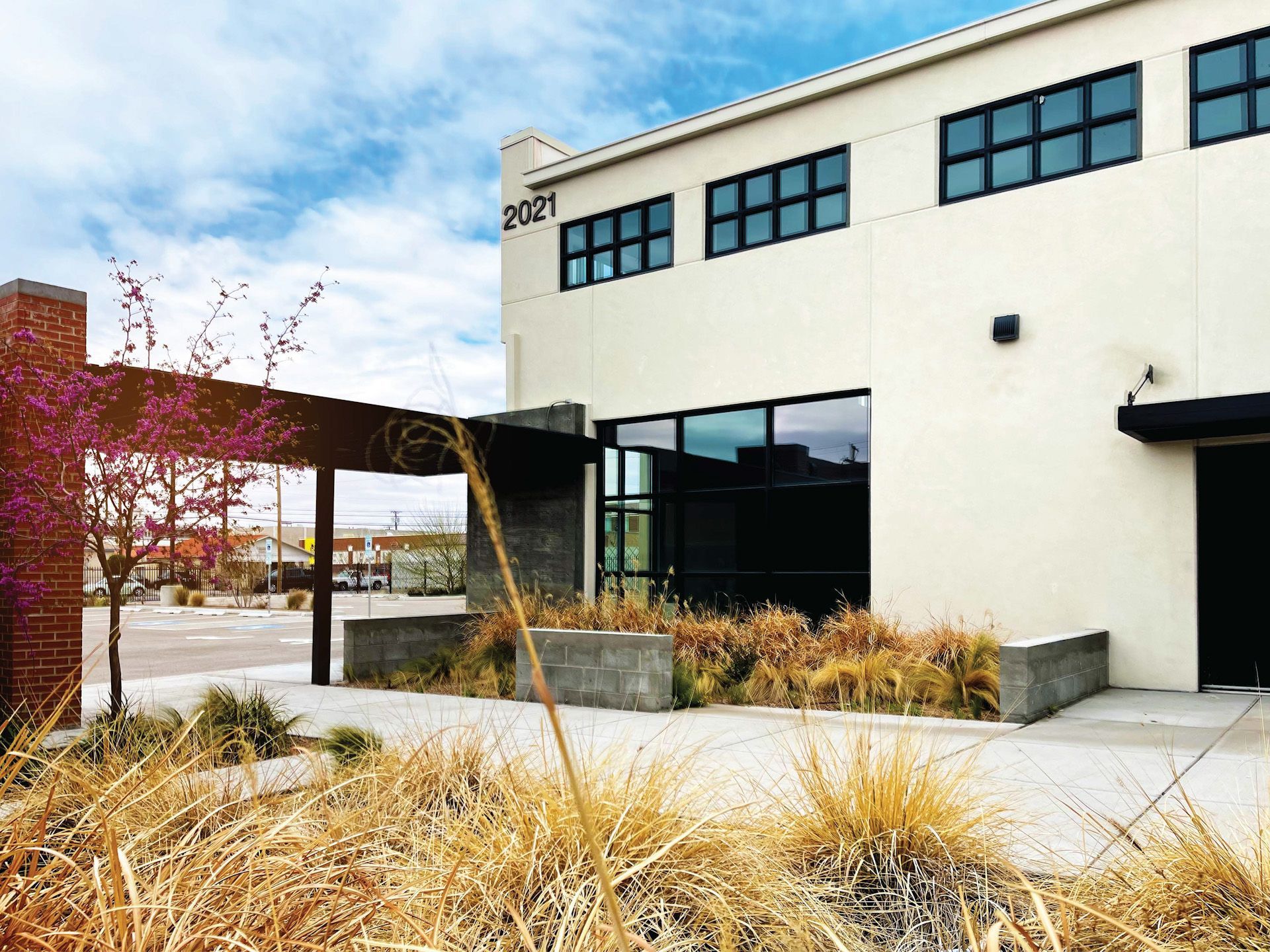 A large white building with a lot of windows is surrounded by tall grass.
