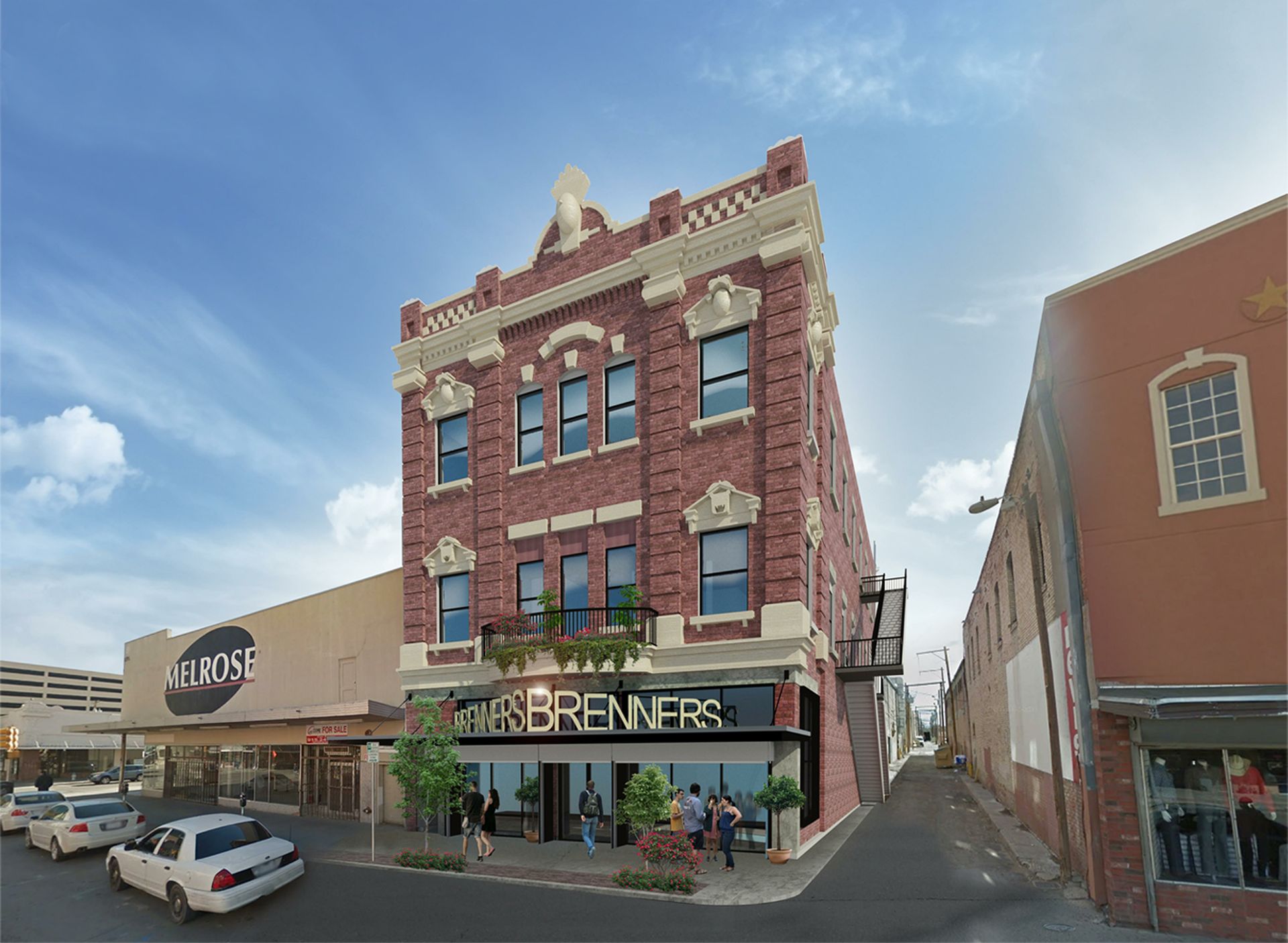 An artist 's impression of a brick building with a sign that says brenners