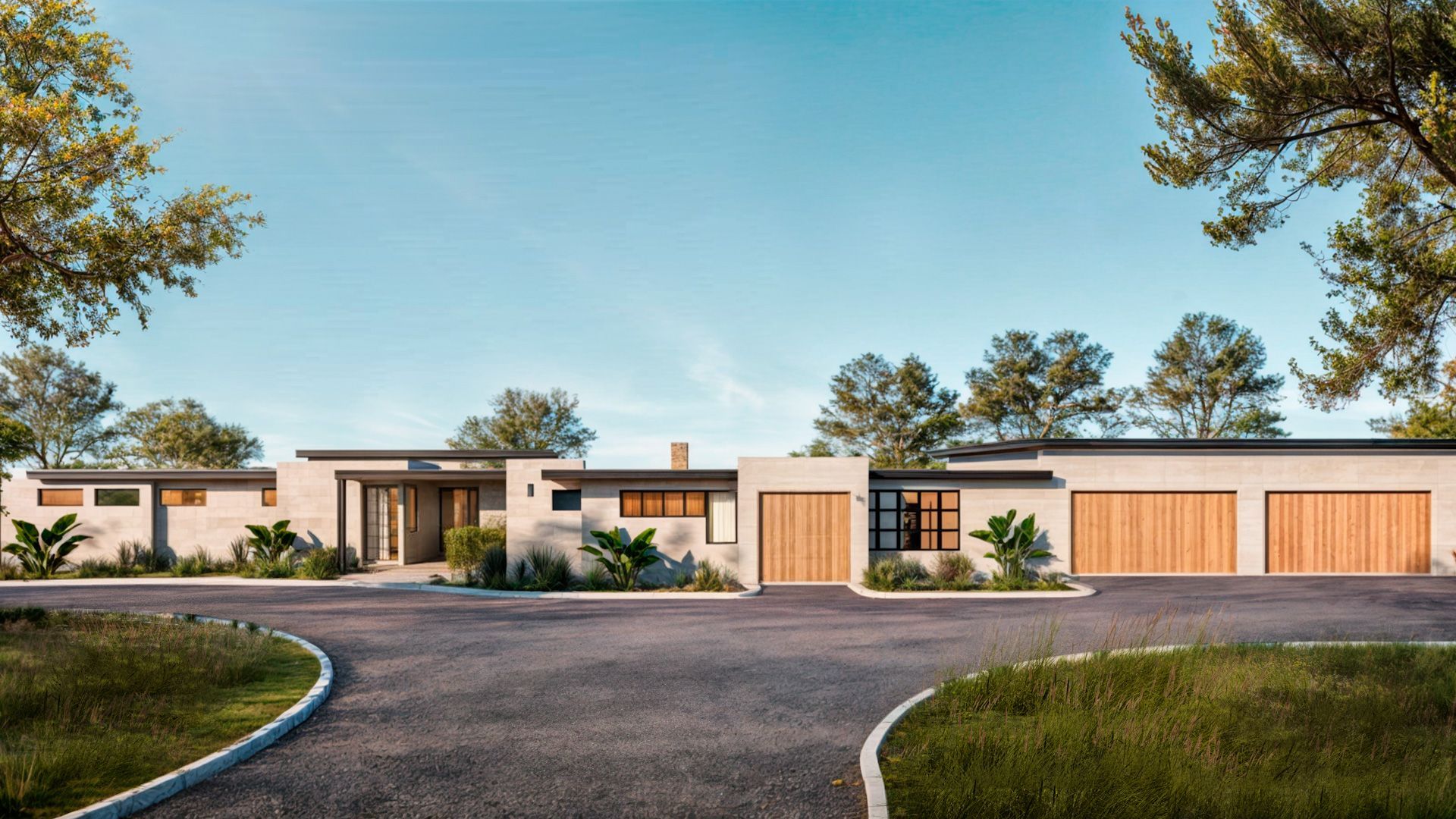 An artist 's impression of a modern house with wooden garage doors.