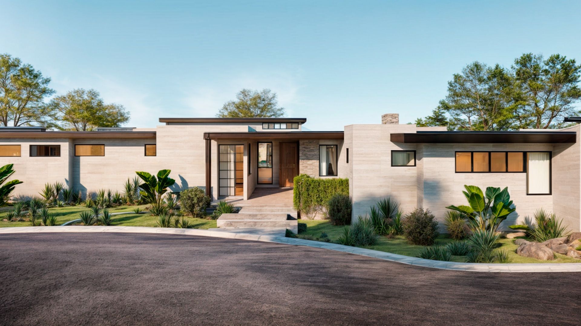 An artist 's impression of a modern house with a lot of windows and trees in the background.