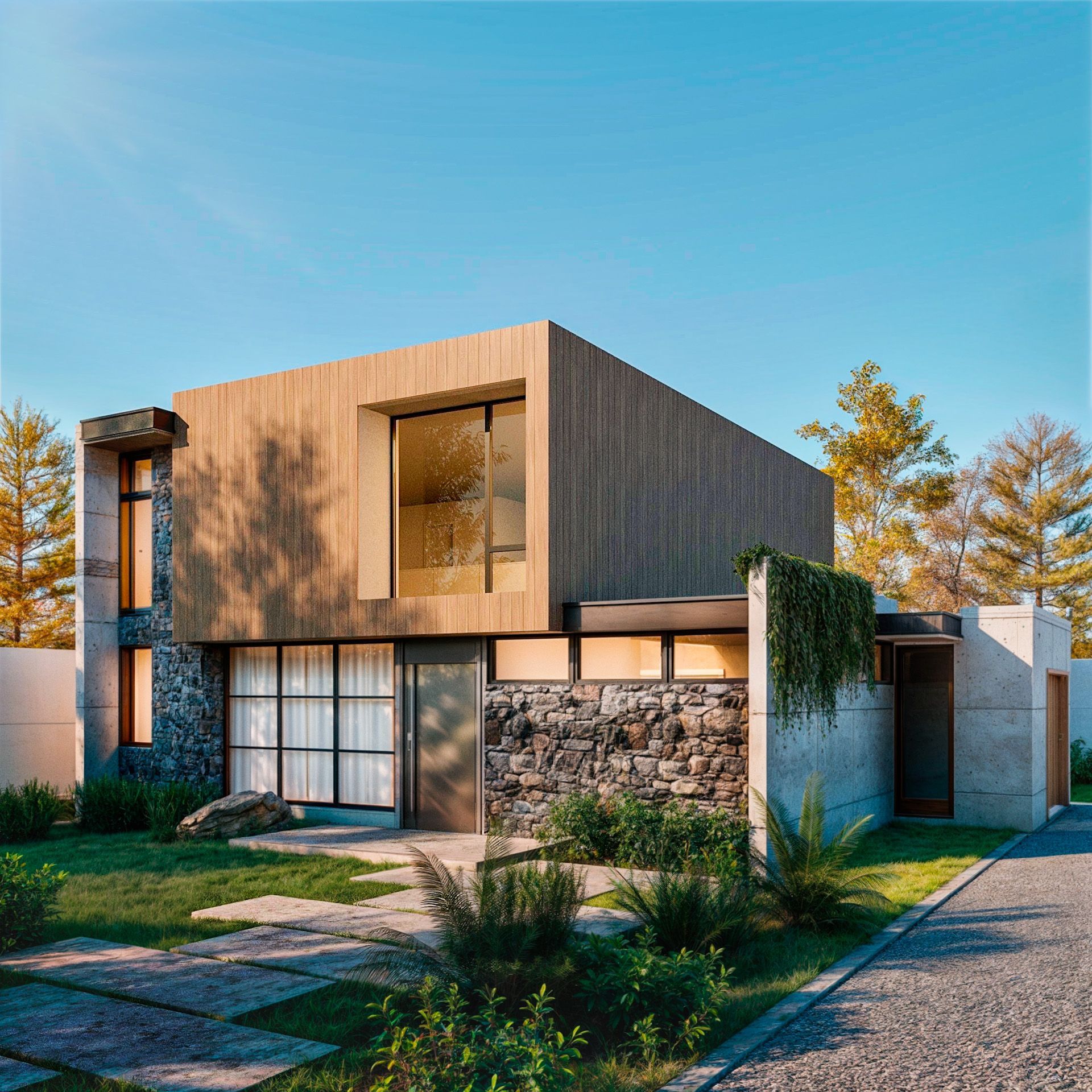A modern house with a wooden facade and a stone wall
