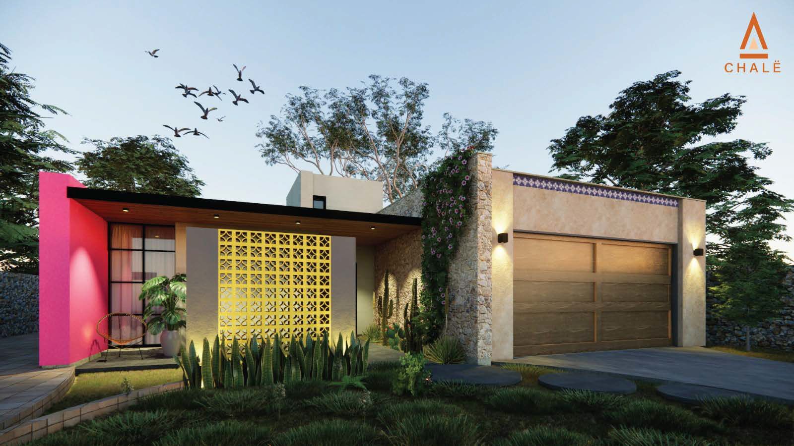A house with a pink wall and a garage door