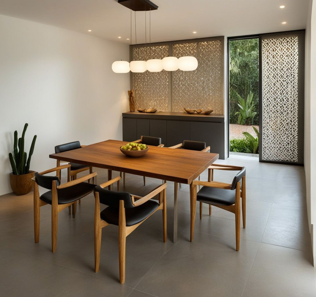 A dining room with a wooden table and chairs