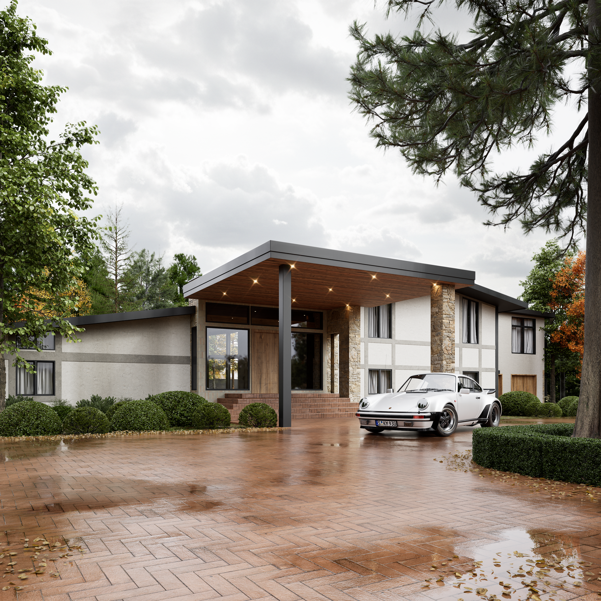 A modern house with a wooden facade and a stone wall