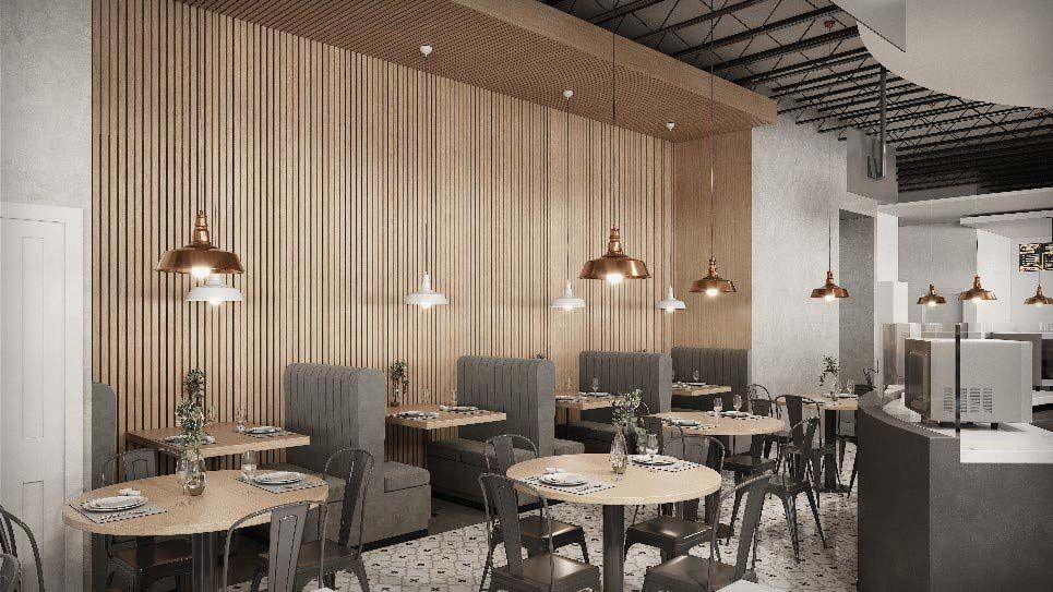 Modern restaurant interior featuring wooden slatted wall accents, pendant lighting, and booth and table seating.