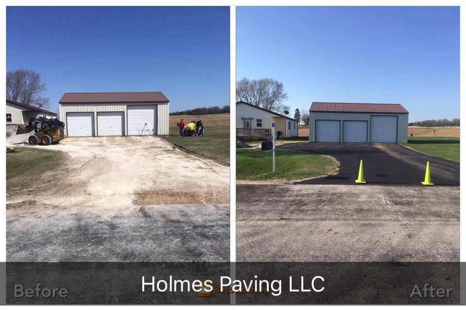 A before and after photo of a driveway being paved by holmes paving llc