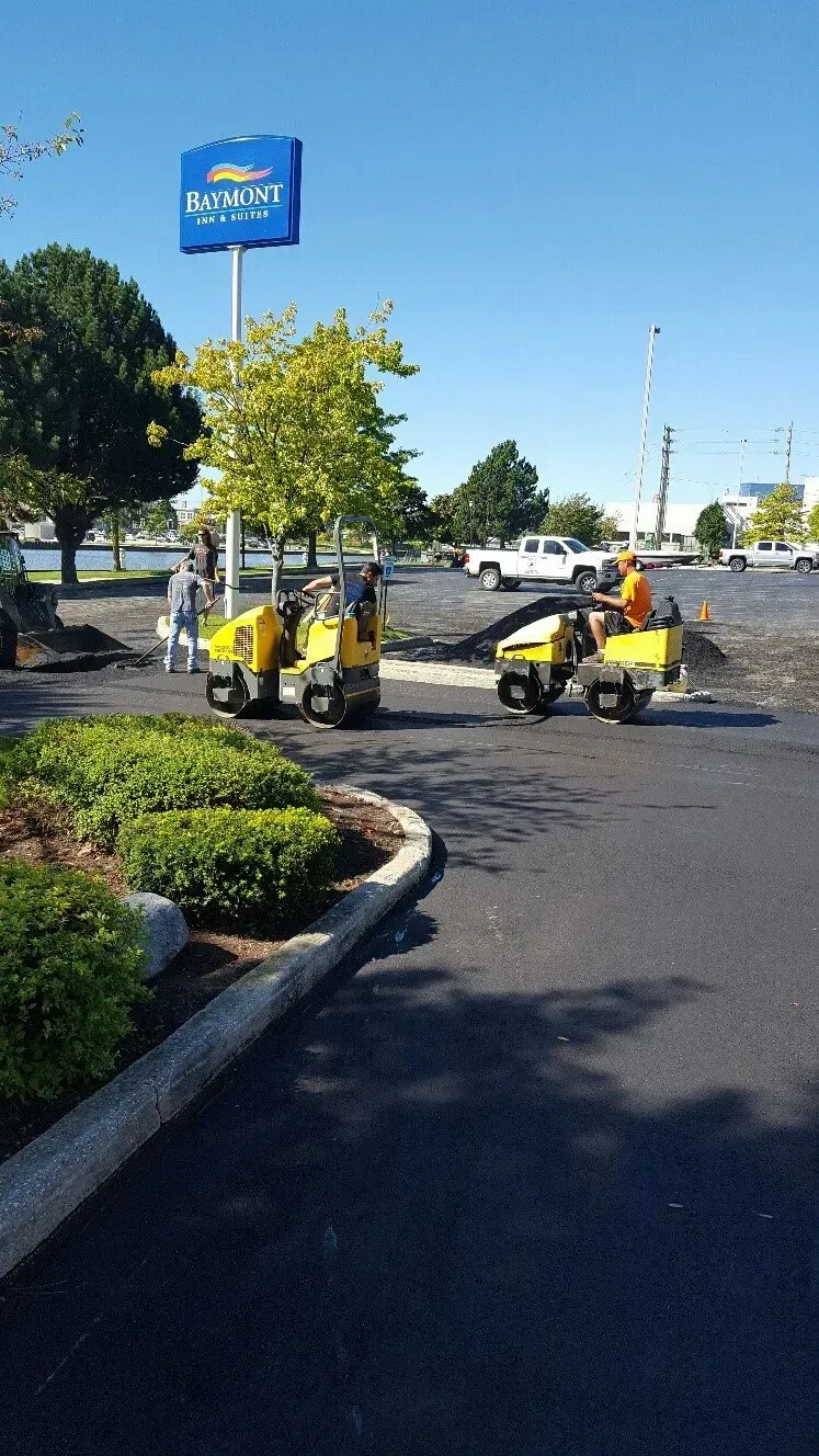 A group of yellow vehicles are parked in a parking lot.