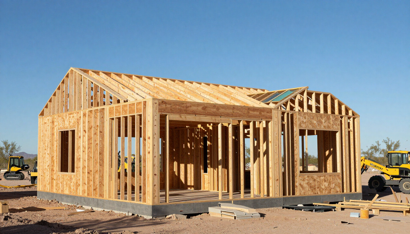 Wood-framed house under construction on a dirt lot with a yellow excavator in the background