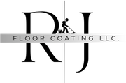 Logo for floor coating company. Black initials "RJ" with a person mopping, text reads "Floor Coating LLC."