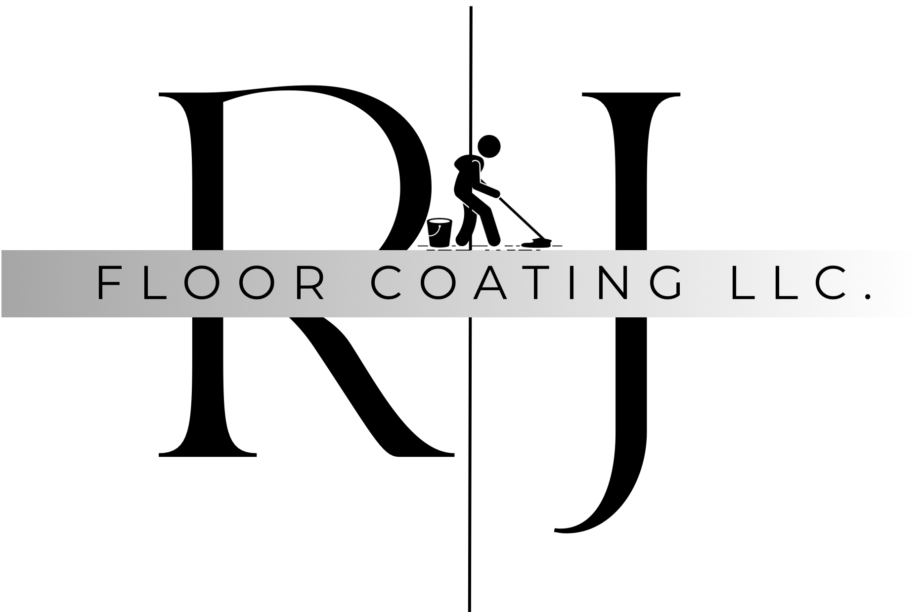 Logo for floor coating company. Black initials "RJ" with a person mopping, text reads "Floor Coating LLC."