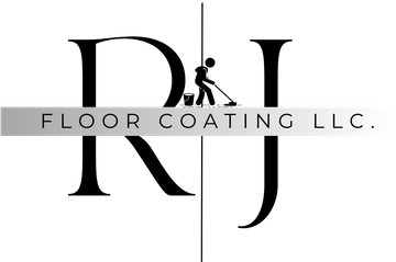 Logo for floor coating company. Black initials "RJ" with a person mopping, text reads "Floor Coating LLC."