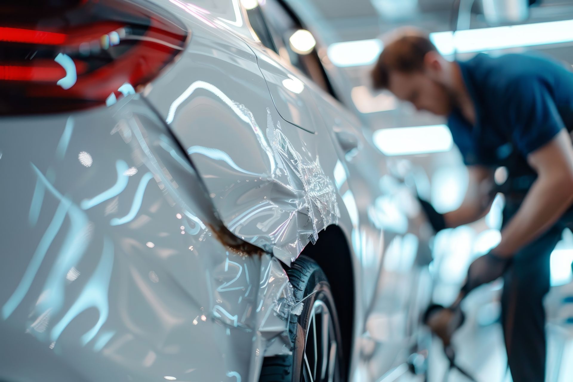 Auto body mechanic repairing vehicle damage at a modern collision repair center.