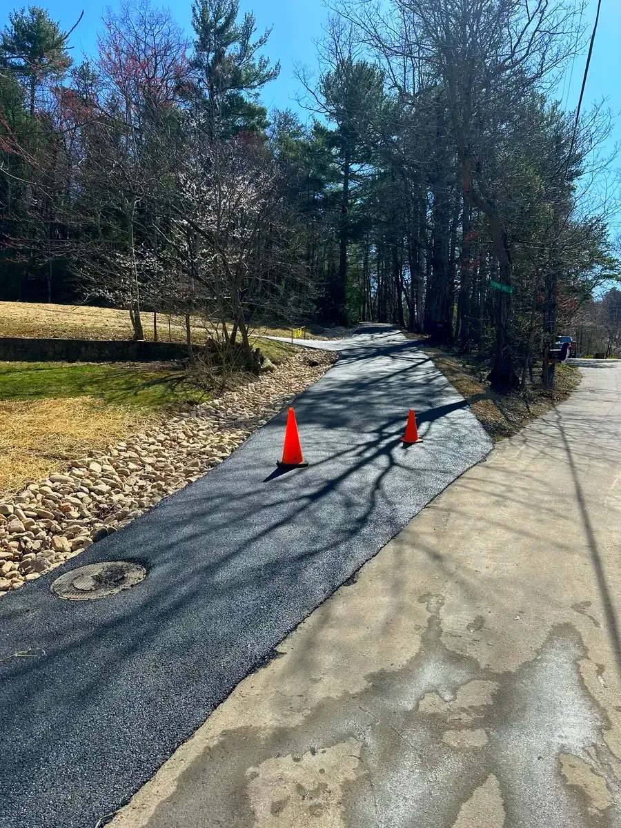 Asphalt path with orange cones, beside a grassy area and trees on a sunny day.