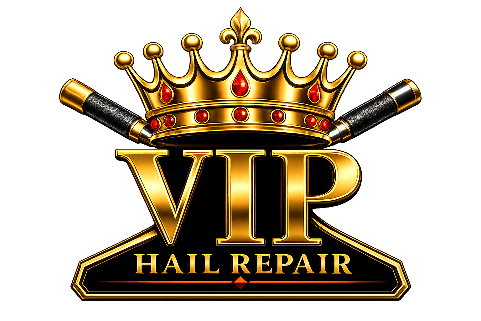 Gold crown and crossed hammers above VIP Hail Repair logo in black and gold