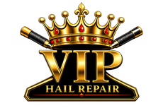 Gold crown and crossed hammers above VIP Hail Repair logo in black and gold