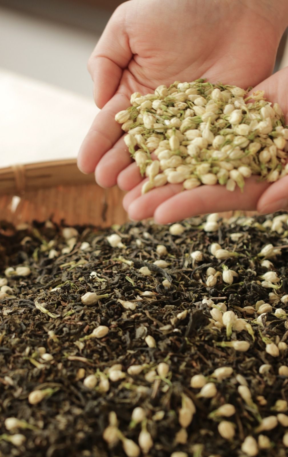 Hands holding sunflower seeds above a pile of mixed seeds in a wooden tray