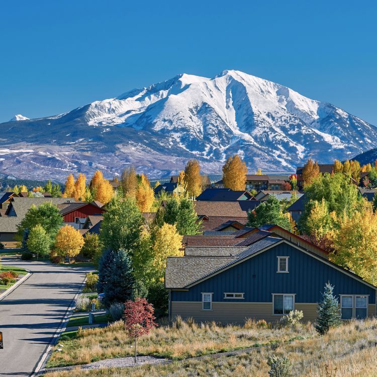 A residential area with a mountain in the background