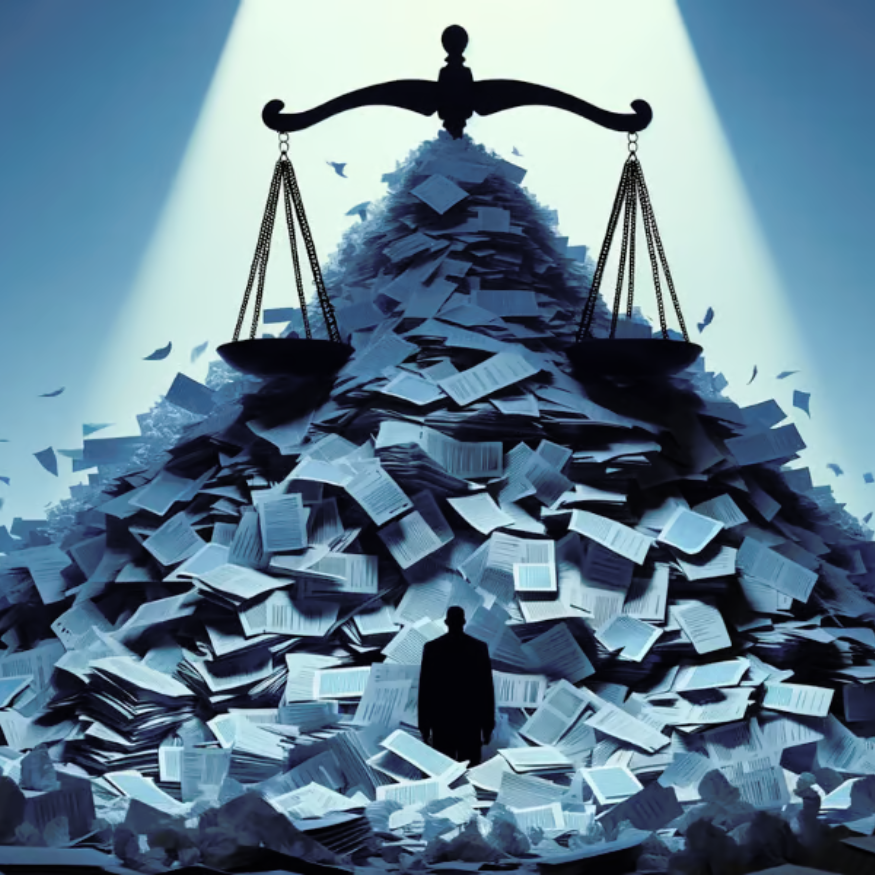 A man is standing in front of a pile of books and a scale of justice
