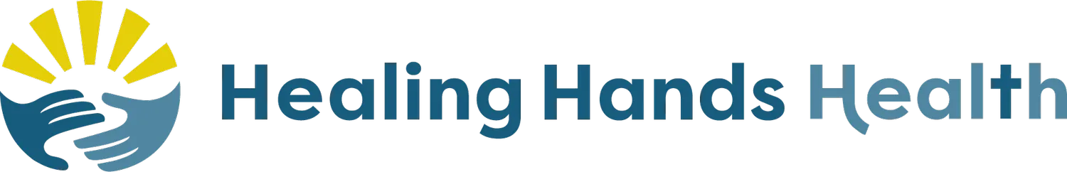Logo featuring two blue hands cupped together beneath a yellow sunburst, next to the text