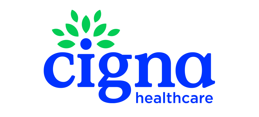 Cigna Healthcare logo with blue text and a green leaf design.