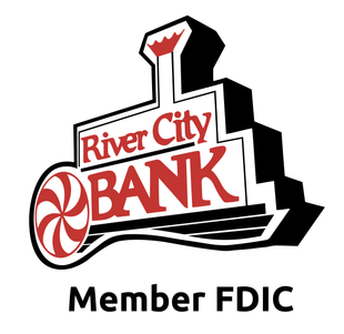 The logo for River City Bank, featuring a red and white swirl design, black building silhouette, and