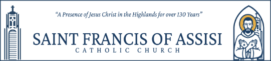 Logo for Saint Francis of Assisi Catholic Church featuring a bell tower and an illustration of St. Francis of Assisi.
