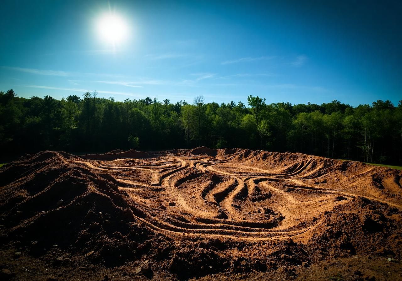 Dirt motocross track with winding ruts under a bright sun, bordered by trees.
