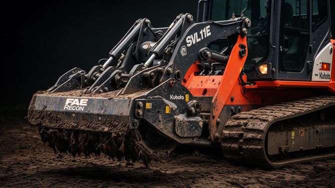 Orange excavator with bucket attachment on muddy ground at a construction site