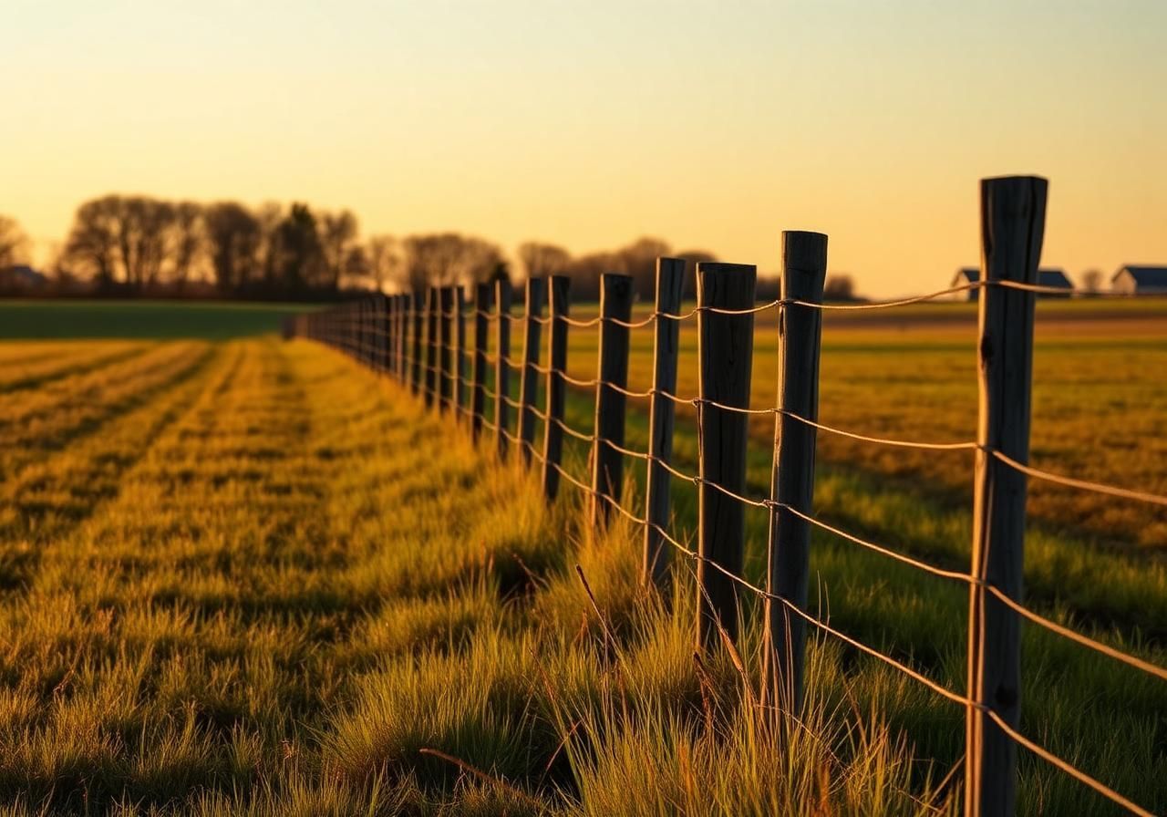 Sunlit farm field with wire fence posts stretching into the distance at sunset