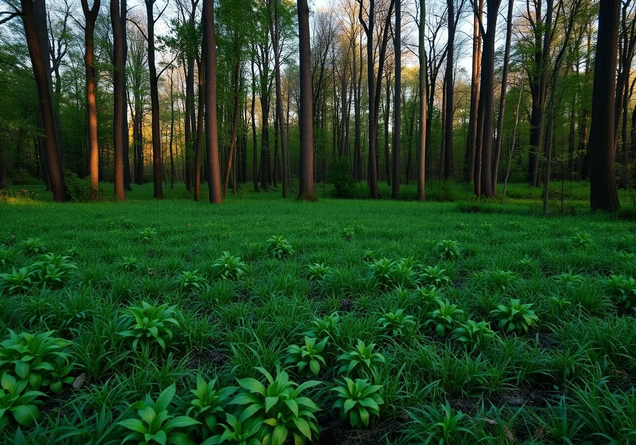 Dense green forest floor with tall trees and soft evening light