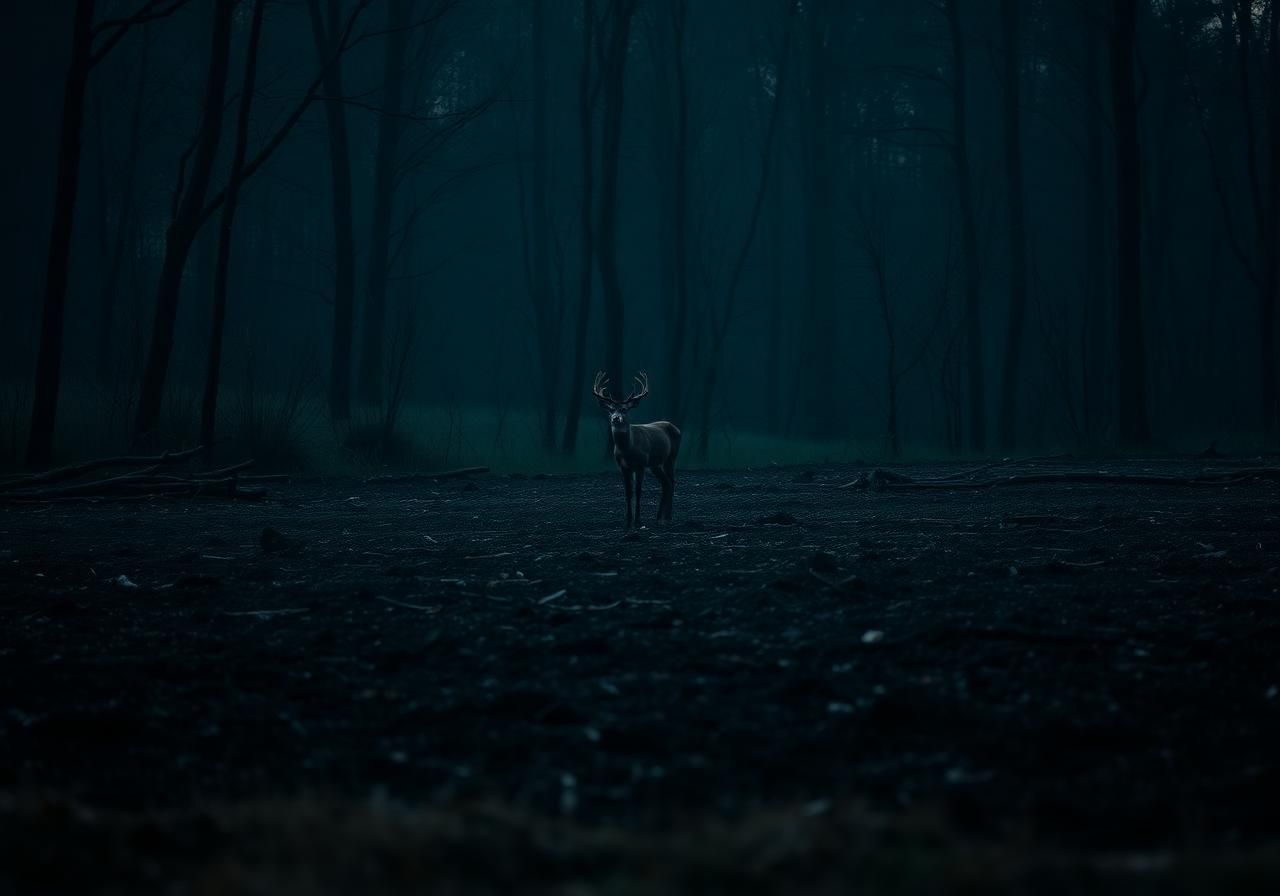 Small deer standing in a dark, misty forest at night