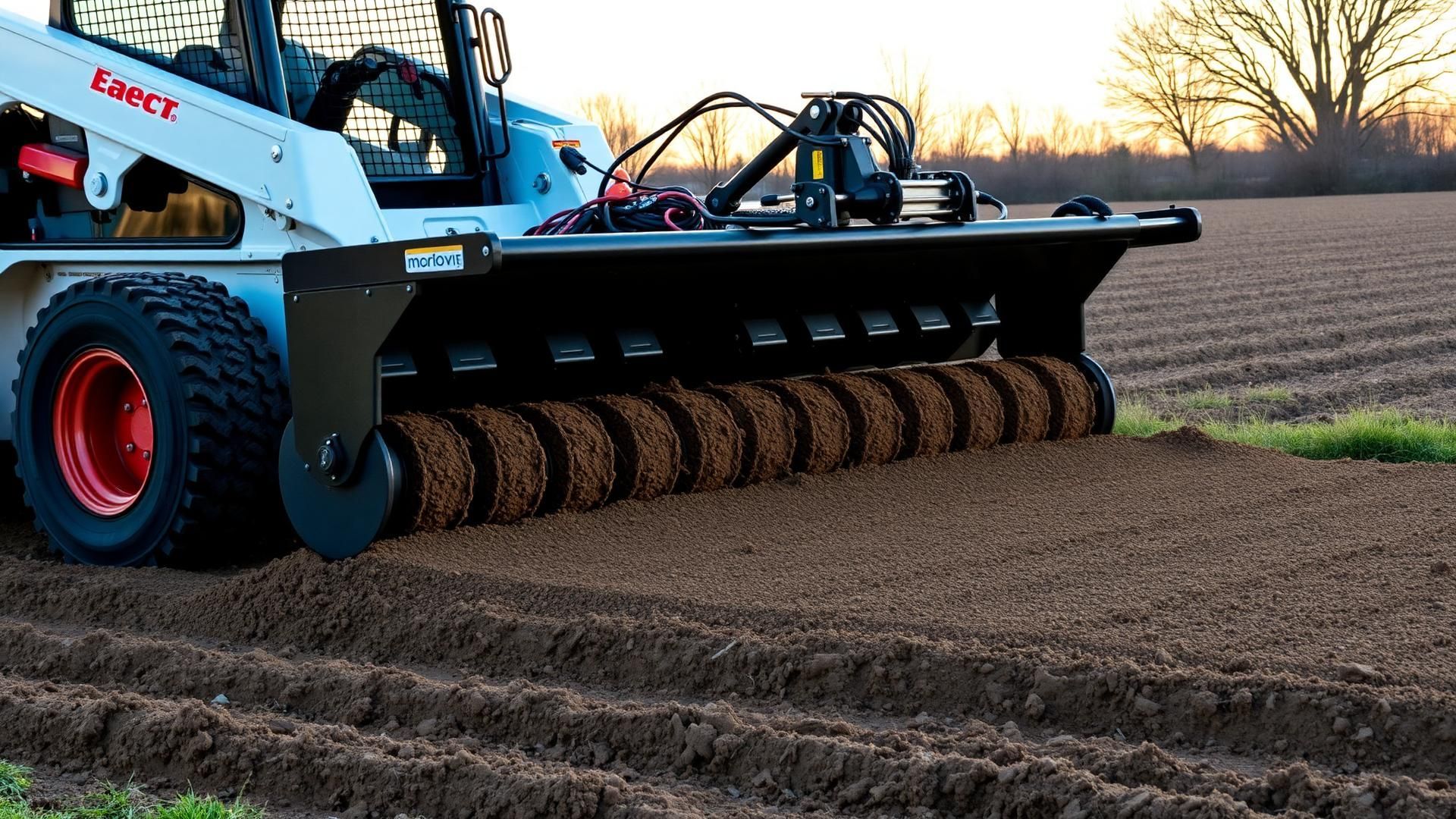 Tractor-mounted soil roller flattening a field at sunset, with brown dirt and harvested rows in the background