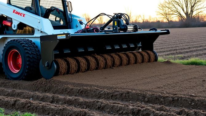 Tractor-mounted soil roller flattening a field at sunset, with brown dirt and harvested rows in the background