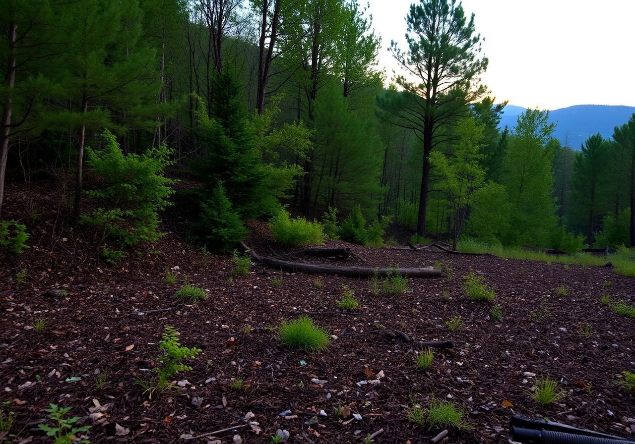 Wooded hillside with pine trees and fallen logs under an overcast sky