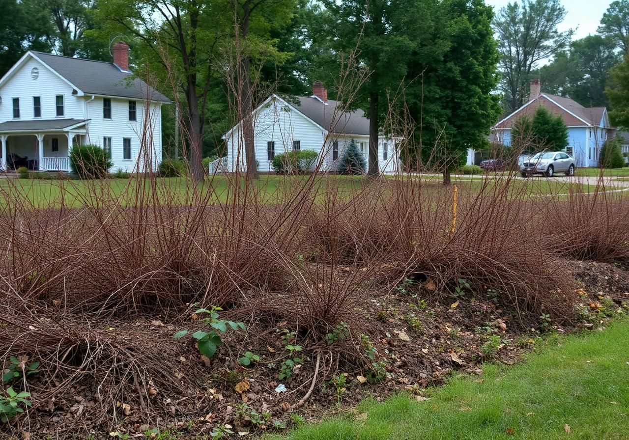 Overgrown field in front of white houses with trees and a grassy verge
