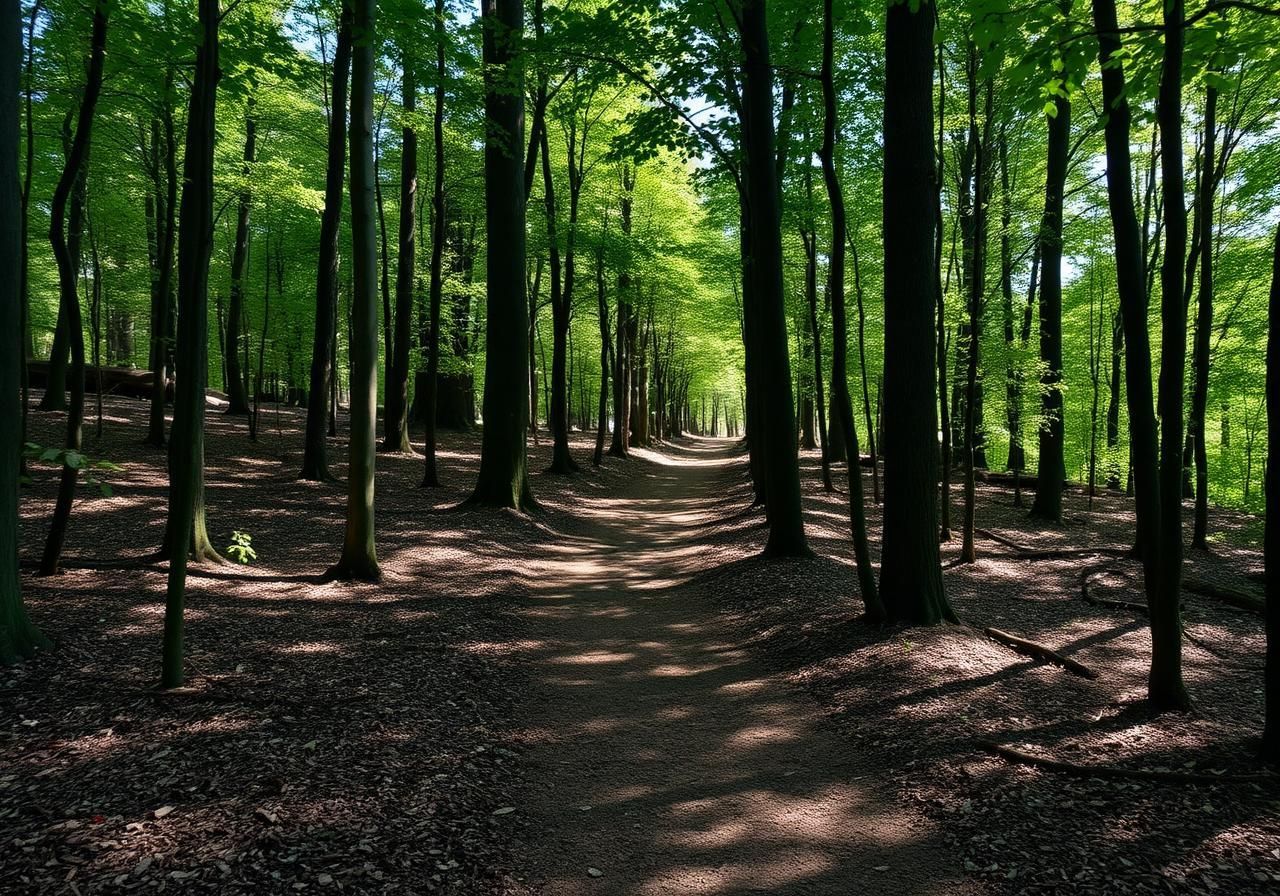 Sunlit forest path with tall green trees and dappled shadows