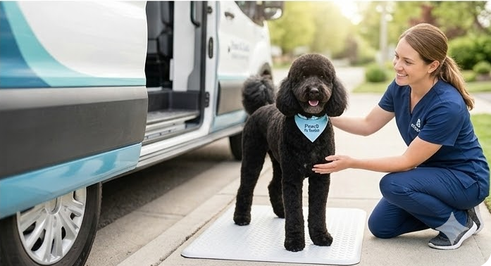 Vet technician with black poodle by mobile clinic van.