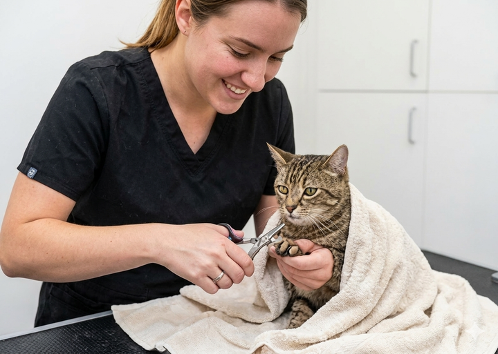 Vet tech trimming cat's nails in towel wrap.
