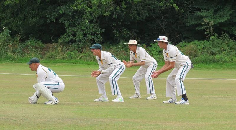 Cricketers in fielding positions on a grassy field in white uniforms