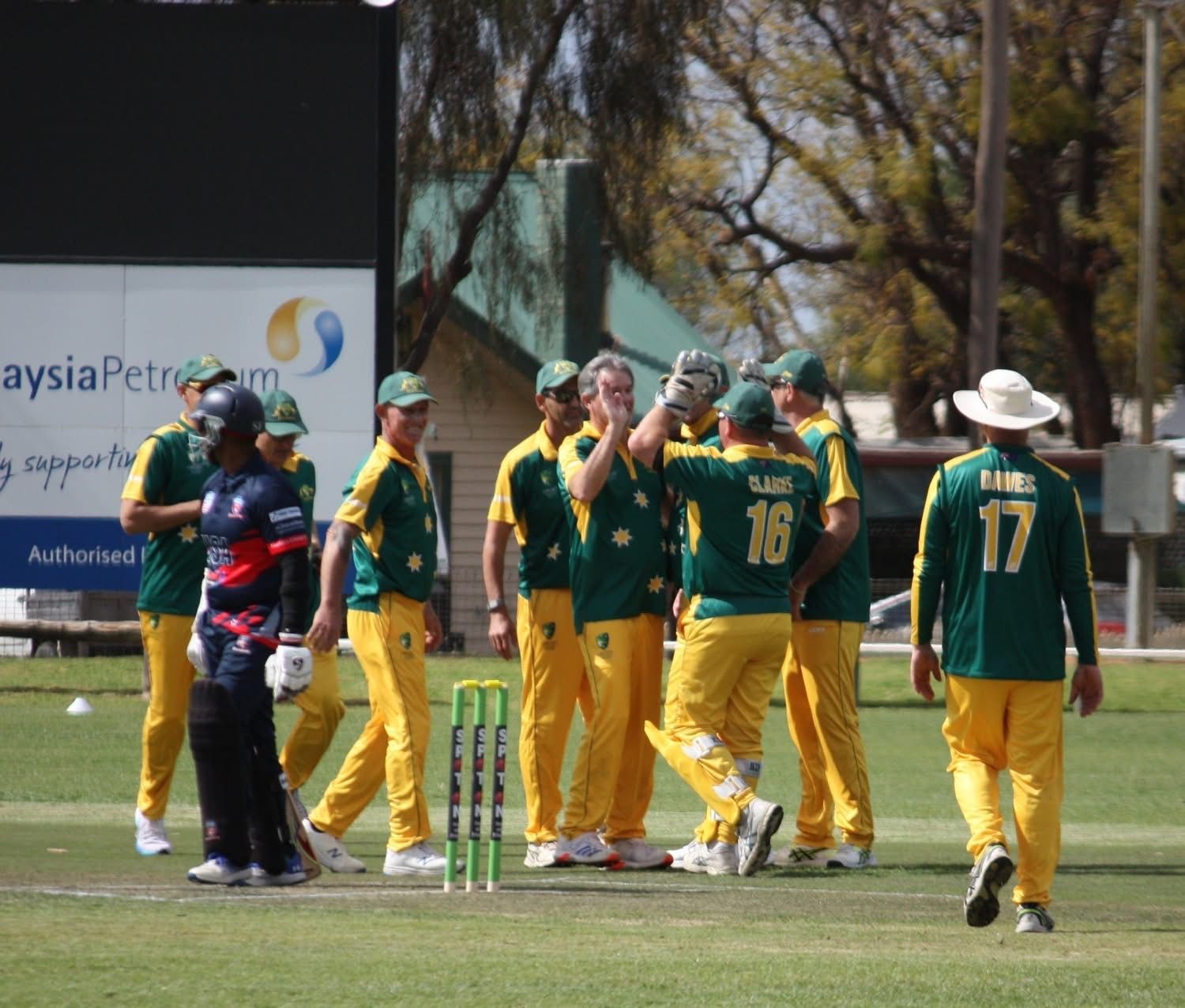 Cricket players in yellow and green uniforms celebrating on a field