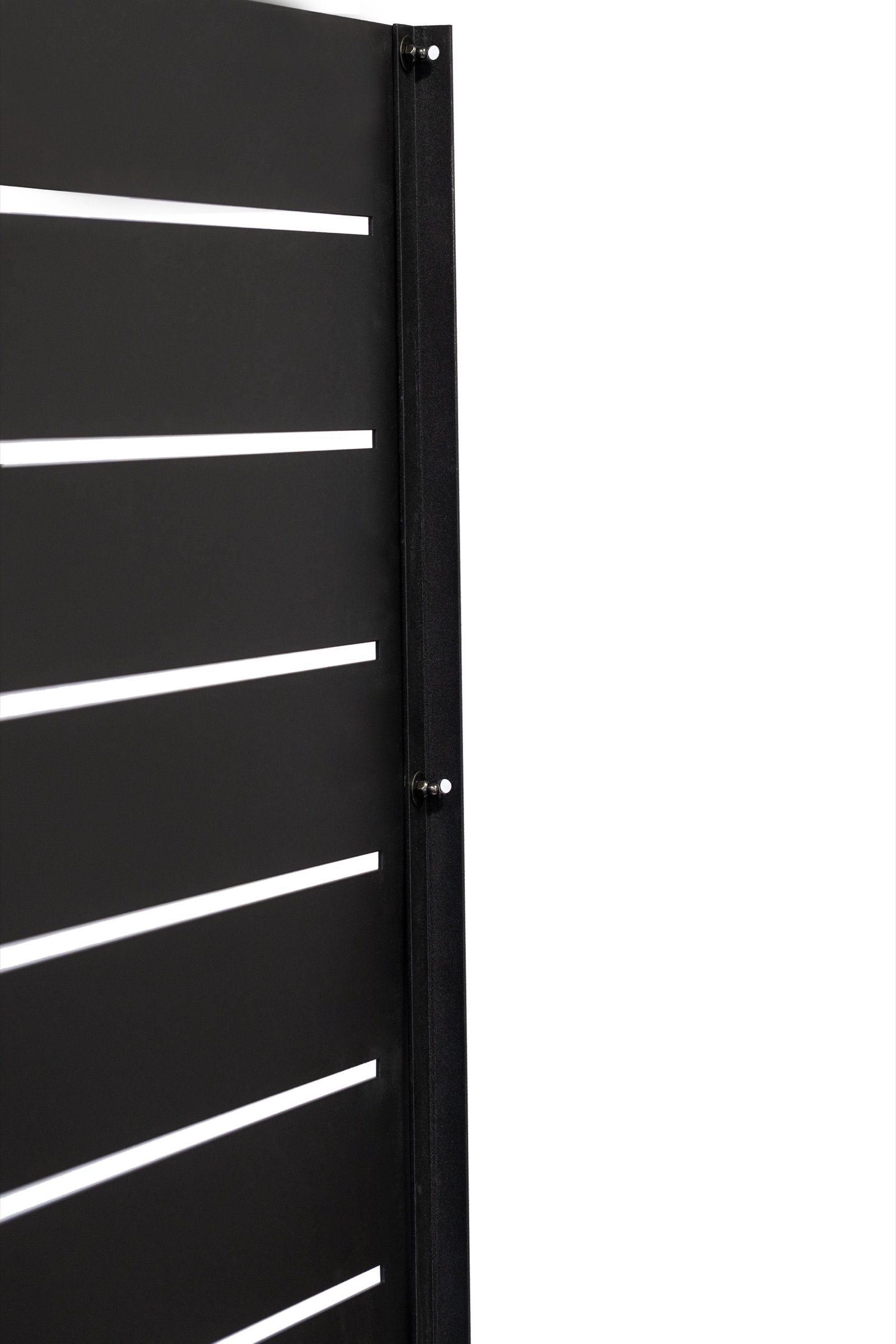 Close-up of a black powder-coated aluminum privacy panel edge and post