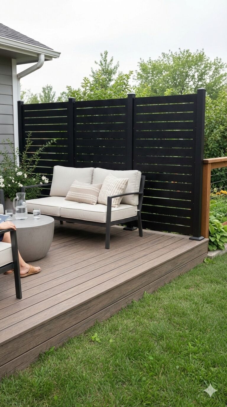 Weather-resistant linear aluminum privacy panel installed on patio with outdoor seating area